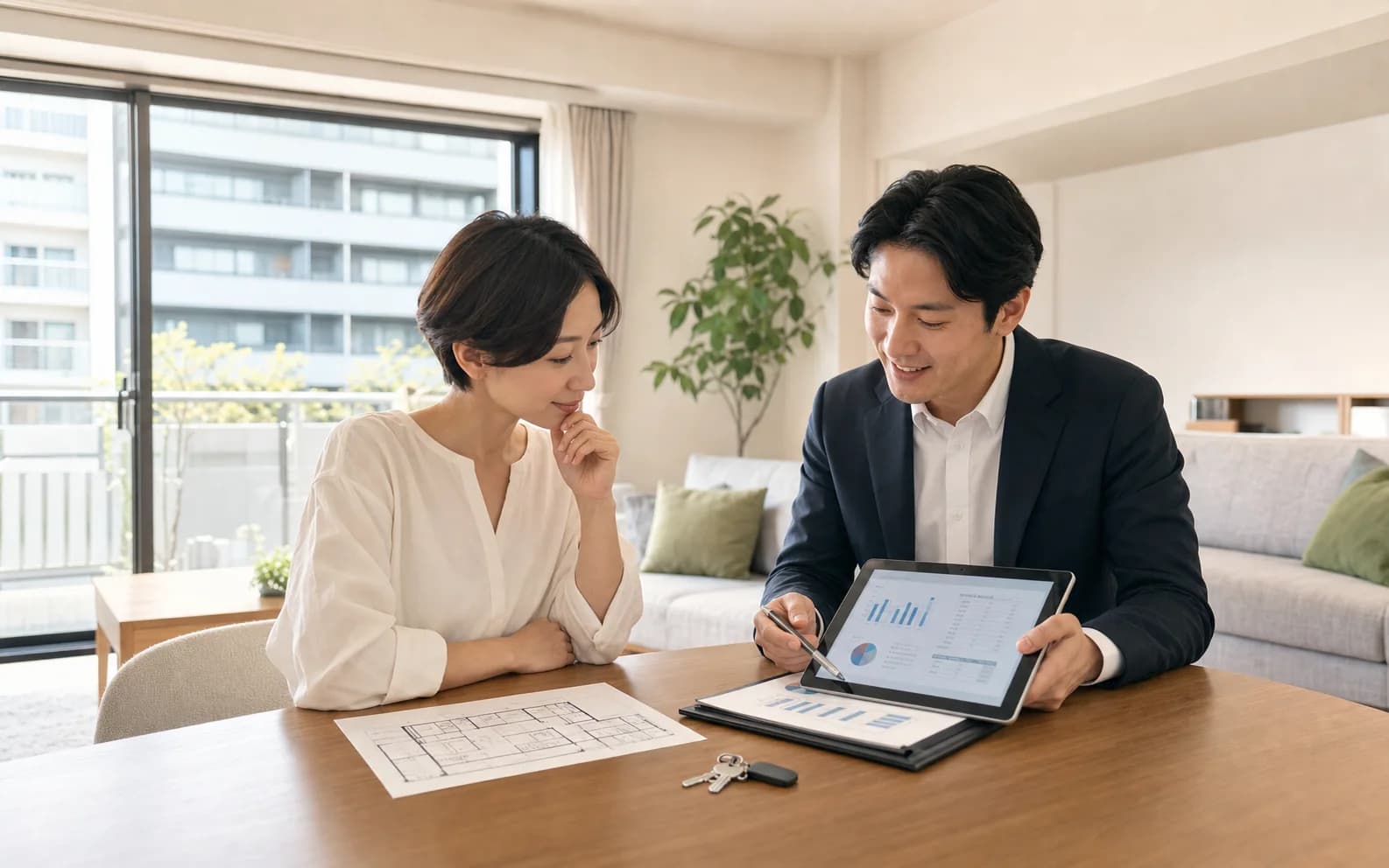 マンション売却査定の資料を確認する相談風景