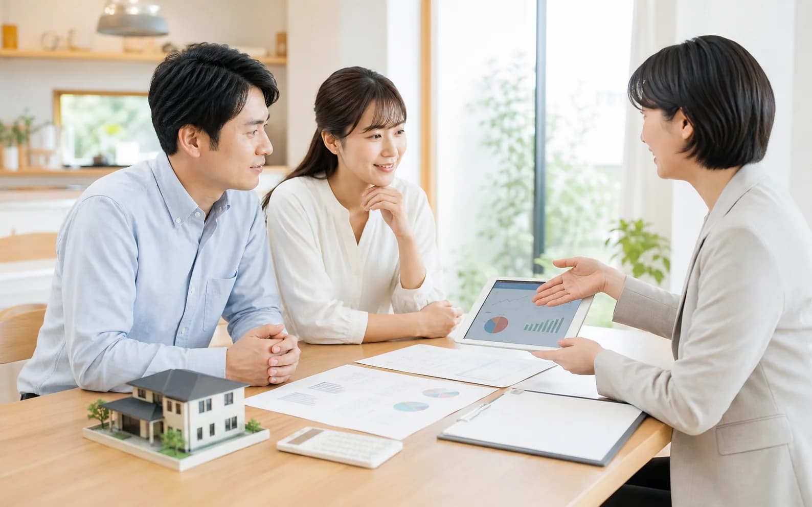 住宅購入相談で費用資料と住宅模型を見ながら説明を受ける購入者