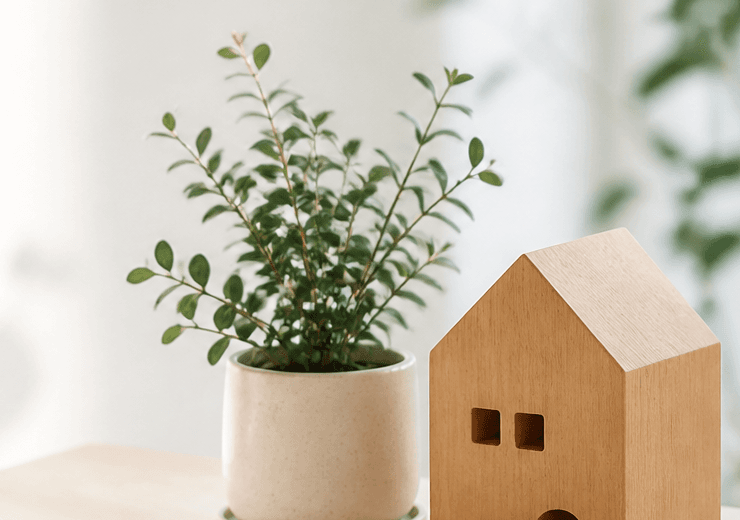 木製の家と植物の柔らかいイメージ