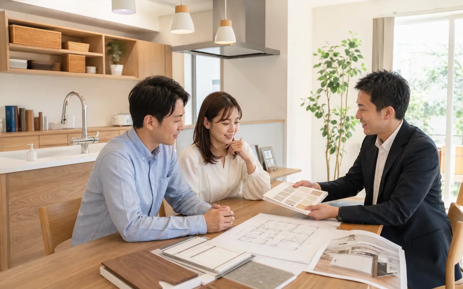 新築戸建のキッチンで設備仕様とオプション工事を相談する購入者と担当者